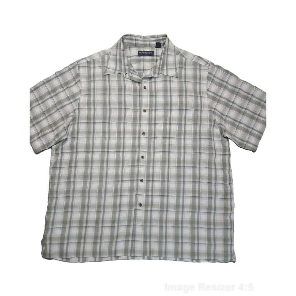 Roundtree & Yorke Shirt Mens XL Button Down Short Sleeve Green White Plaid